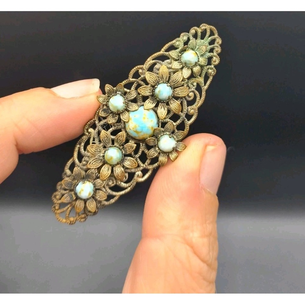 Vintage 1920-30s Czech Brass Filigree Brooch Pin Turquoise Glass Cabochons Art - Picture 3 of 9